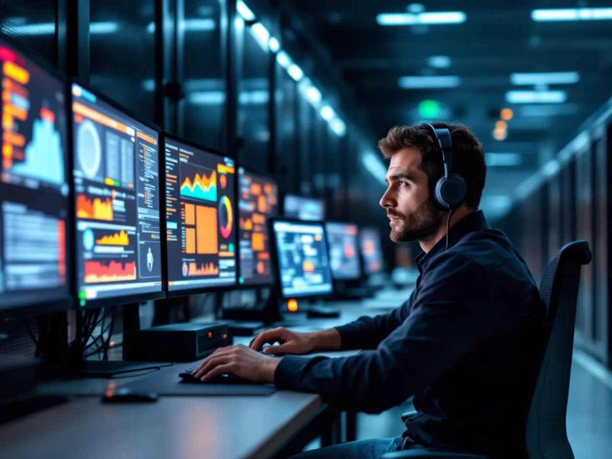 On-call Uprite technician monitoring network alerts overnight during after-hours IT support coverage for San Antonio businesses