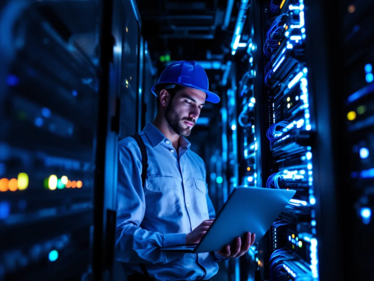IT engineer performing emergency after-hours server rack repair for a San Antonio business during a system outage