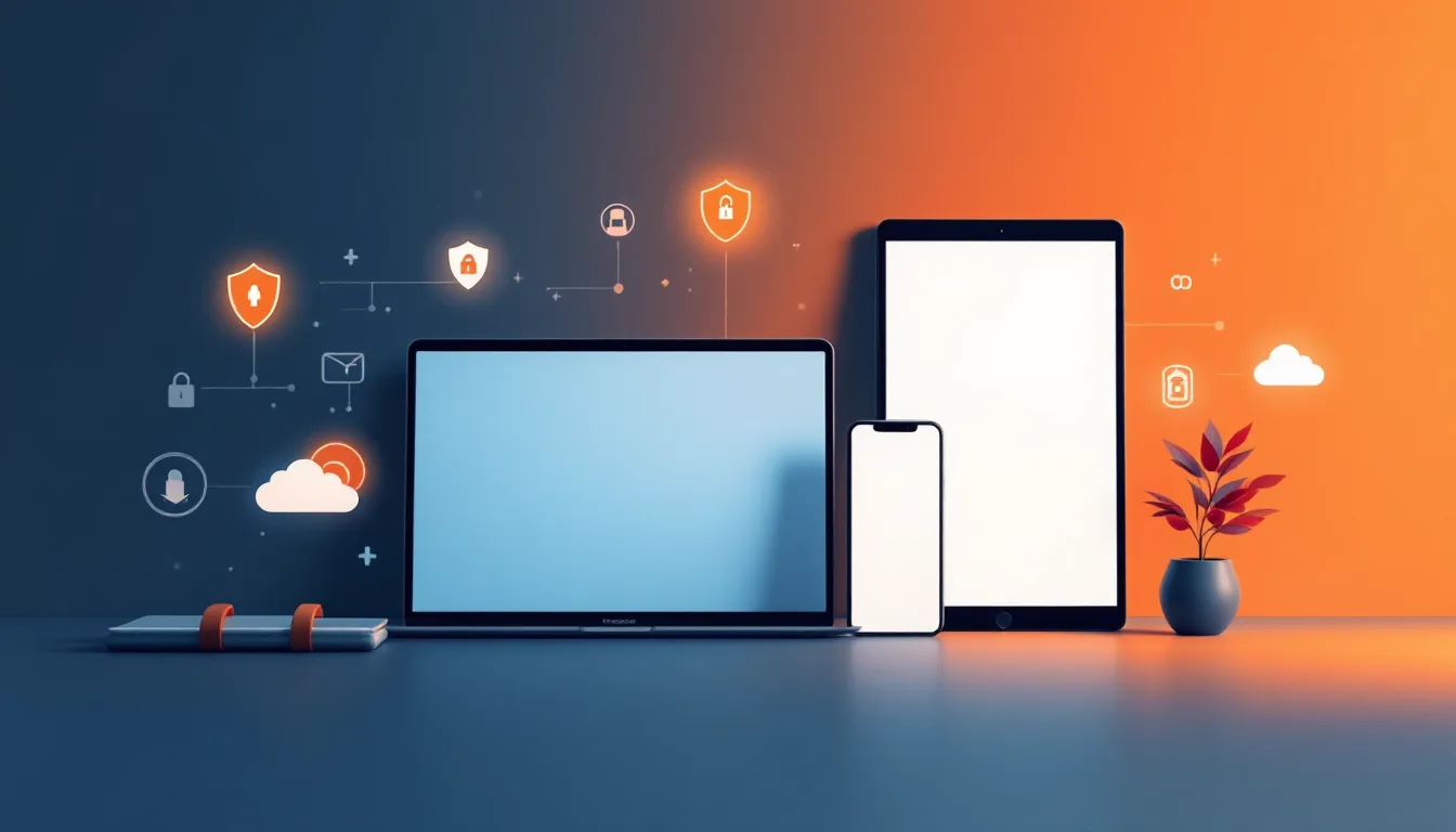Apple device management for business with MacBook iPhone and iPad and secure management icons