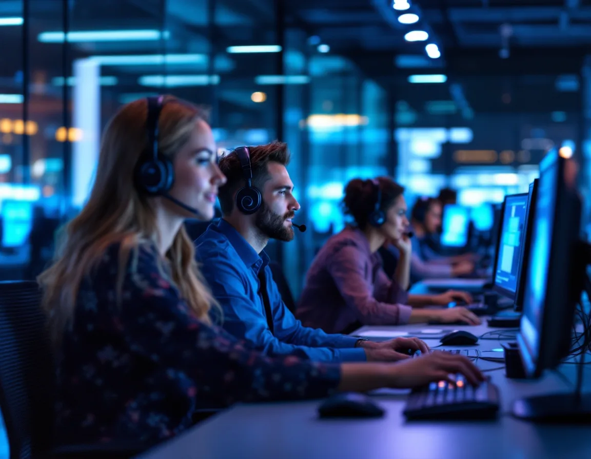 Managed IT help desk technicians monitoring client networks in a Dallas operations center