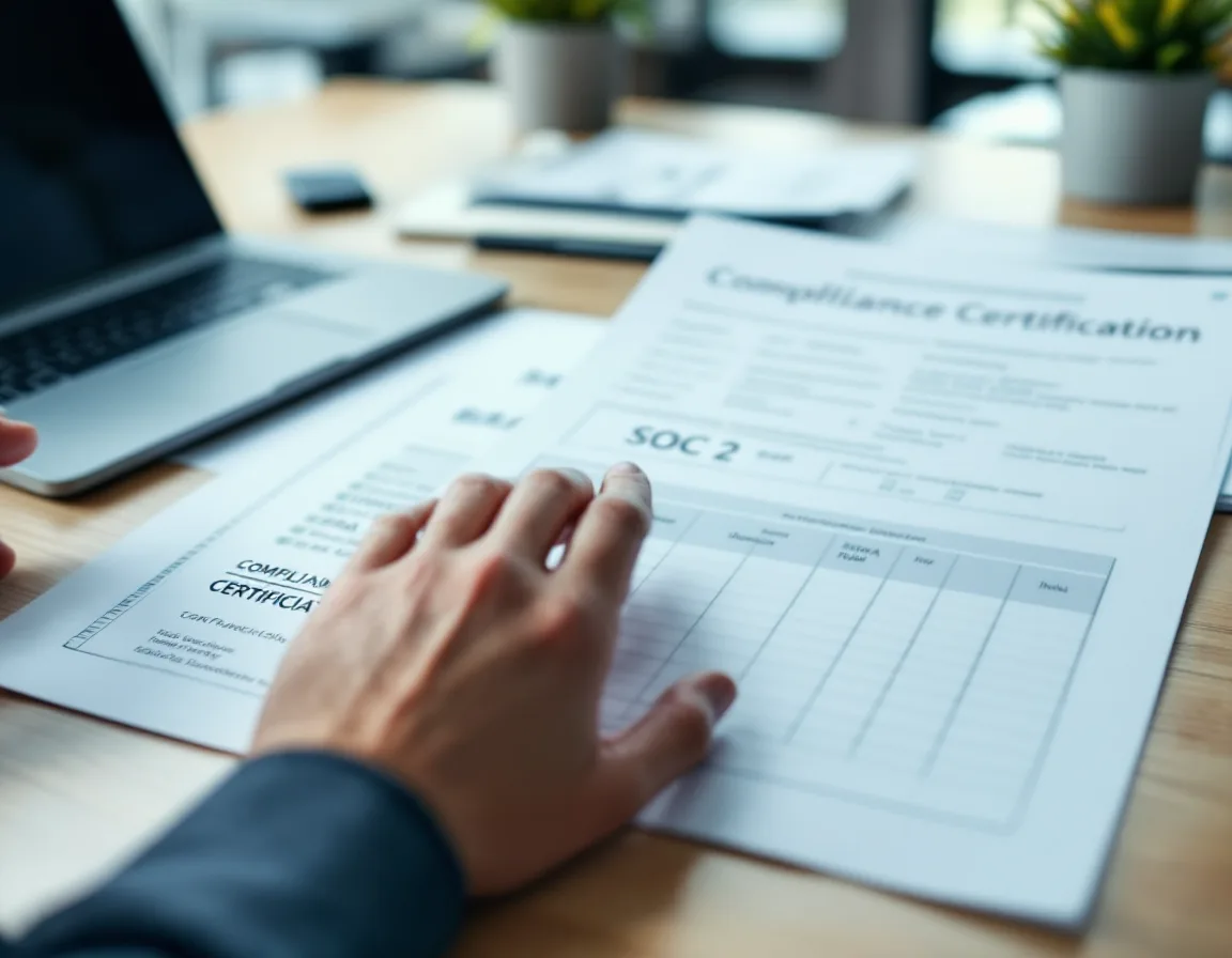 Hands reviewing SOC 2 and HIPAA compliance certifications and vendor scorecards used to rank Dallas managed IT providers