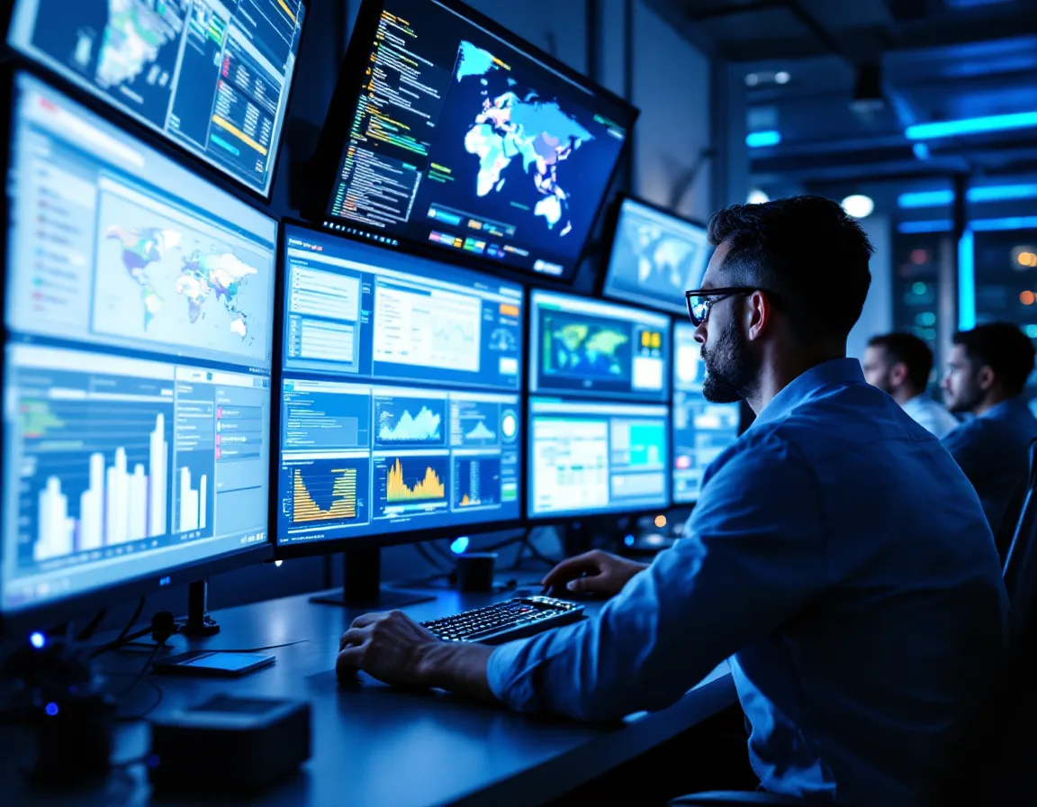 Managed IT services technicians monitoring client networks in a Dallas operations center