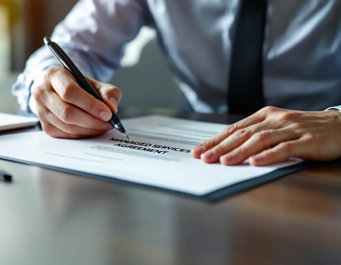 Dallas executive reviewing a managed services agreement and SLA before signing