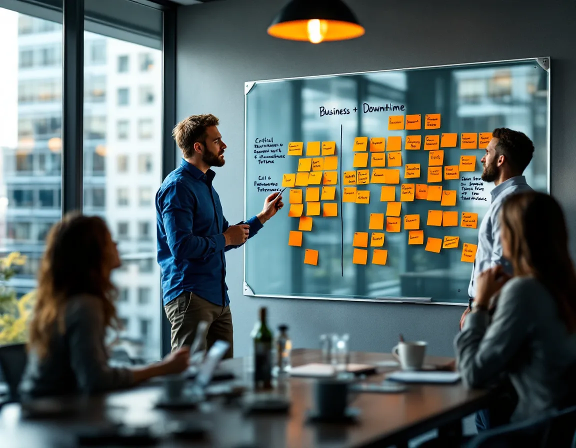 Texas business owner and IT lead mapping critical business functions against downtime tolerance on a whiteboard during a business impact analysis session