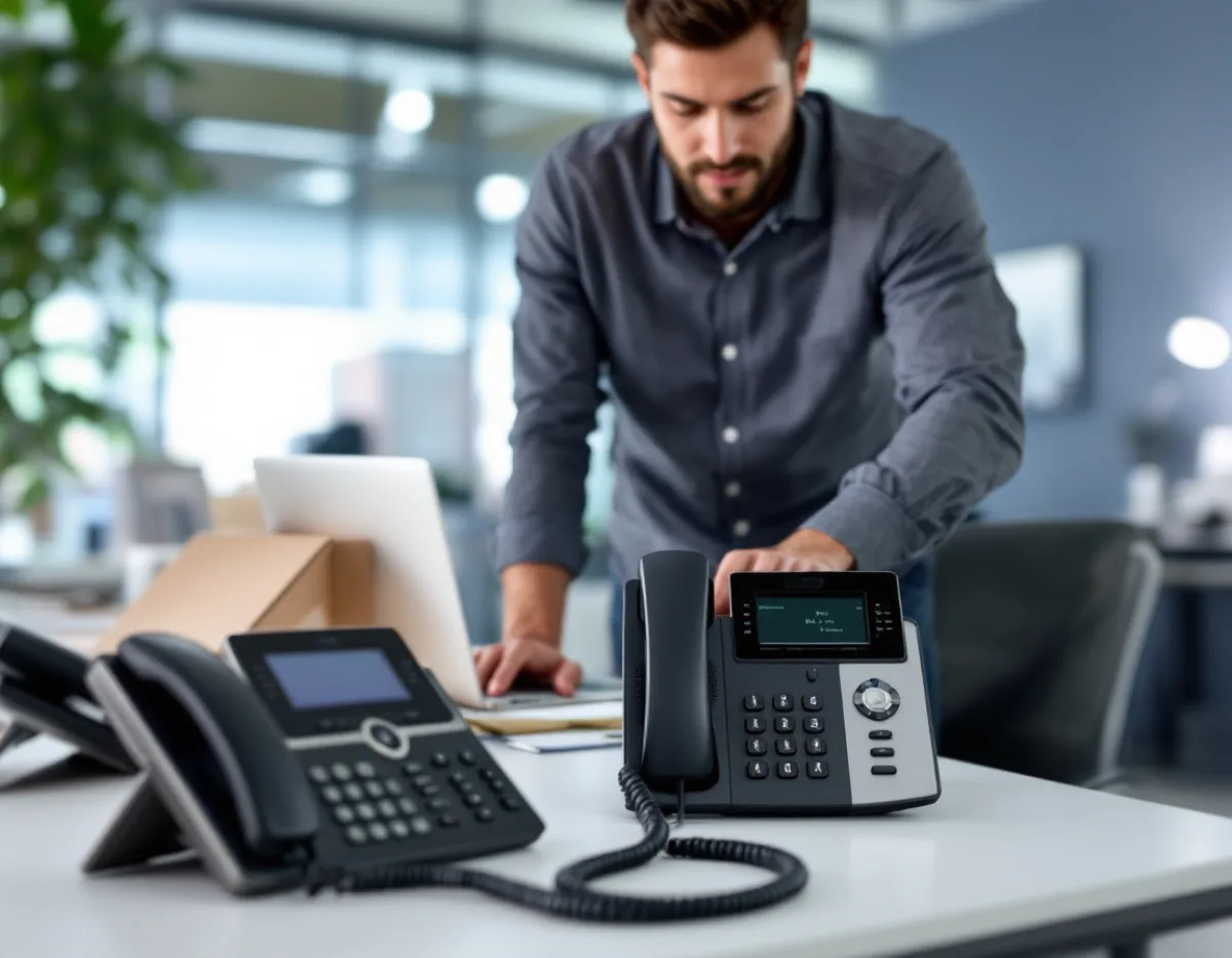 IT engineer configuring new VoIP desk phones during a zero downtime phone system migration for a Houston business