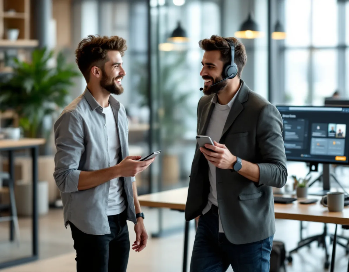 Houston team using a cloud VoIP phone system on mobile softphone apps, headsets, and a call queue dashboard in an open plan office