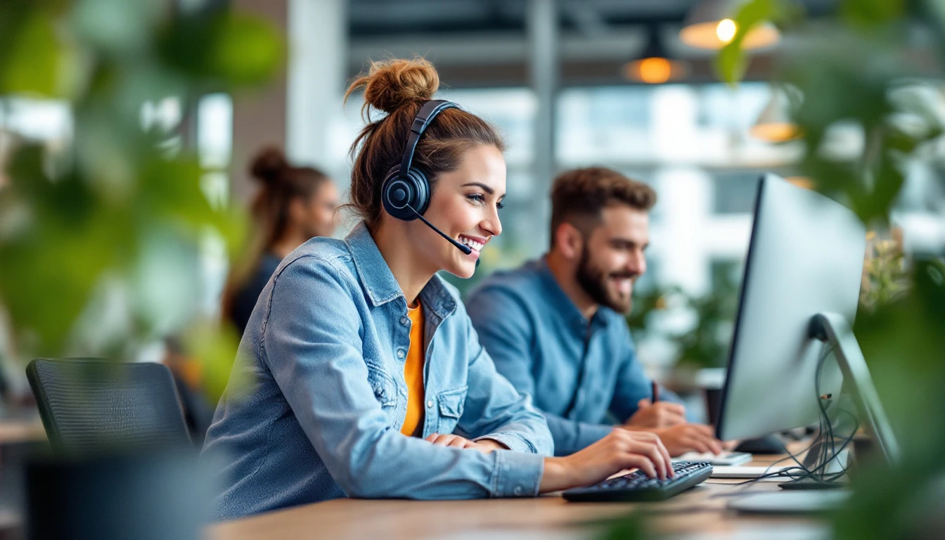 Dallas team using a managed cloud VoIP phone system on mobile softphone apps, headsets, and a call queue dashboard in an open plan office