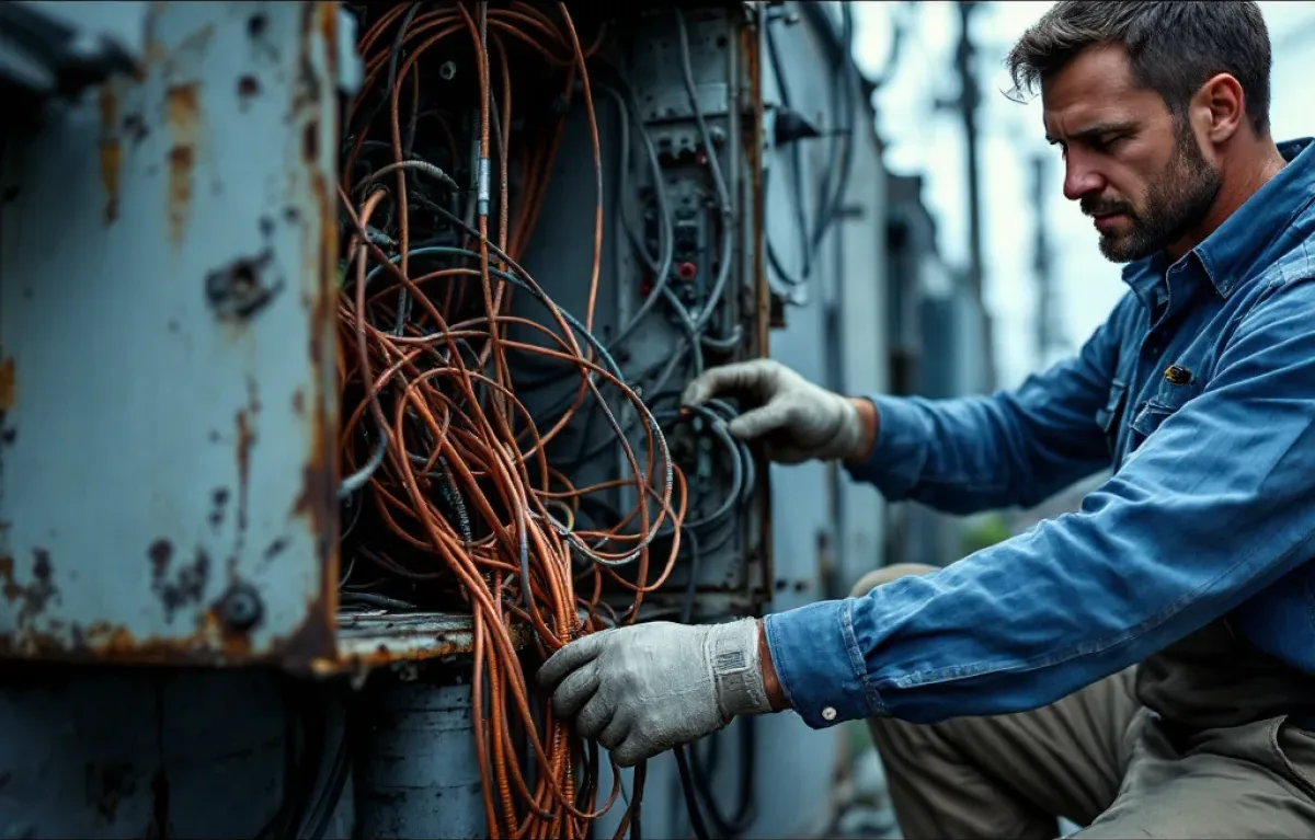 Technician working on an aging copper telephone demarcation box being retired during a Fort Worth VoIP cutover