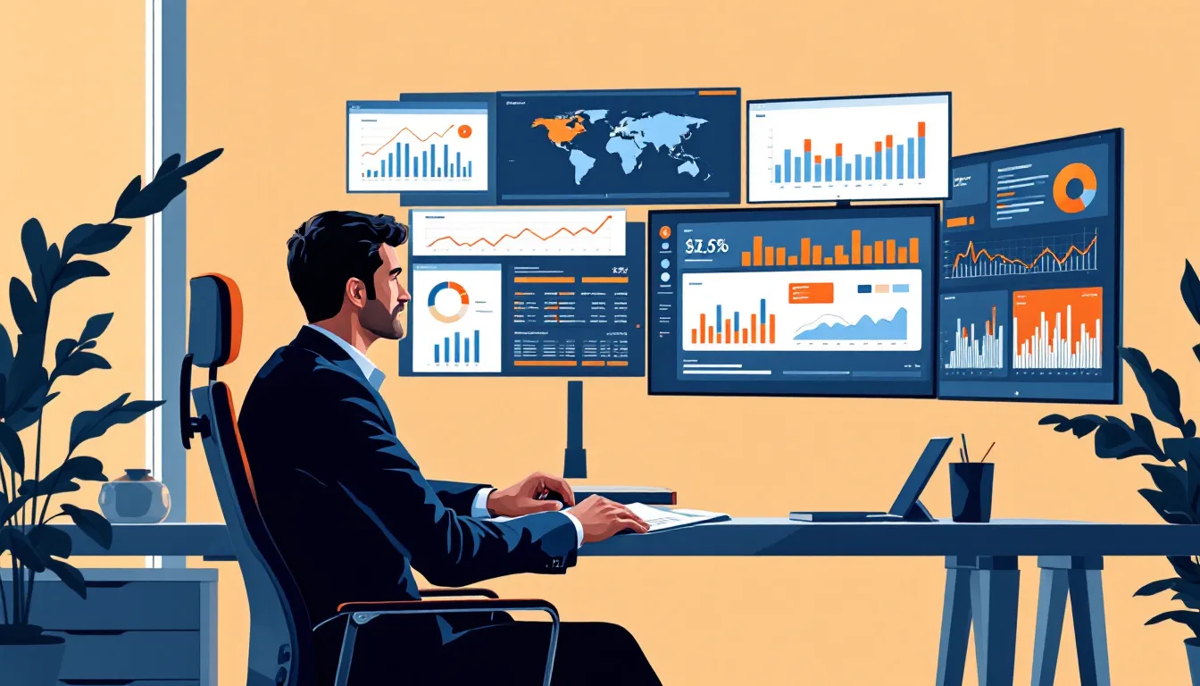 A chief financial officer reviewing digital financial dashboards responding to business disruption with technology