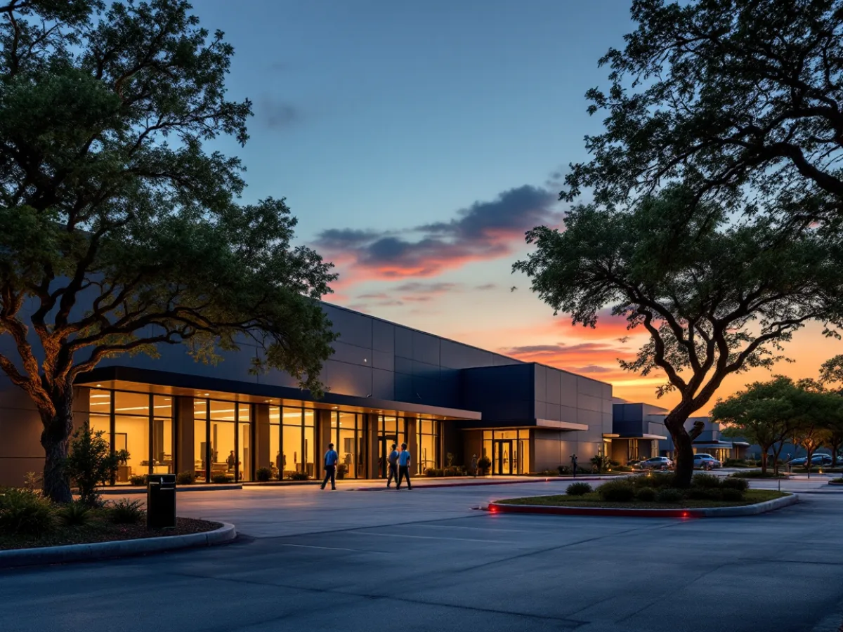 A San Antonio aerospace and defense supplier facility at dusk with engineers entering through a badge-controlled secure entrance