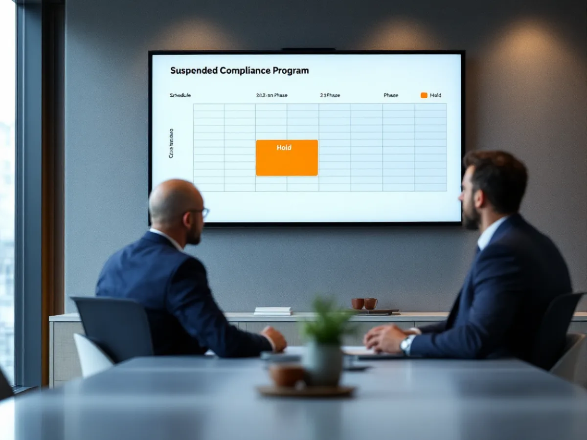 Two defense contractor executives reviewing a suspended CMMC Phase 2 compliance schedule on a conference room display, with one phase shown on hold