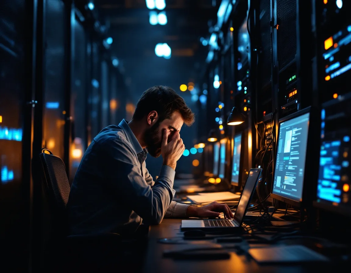 Overworked internal IT administrator alone in a San Antonio server room monitoring systems after hours