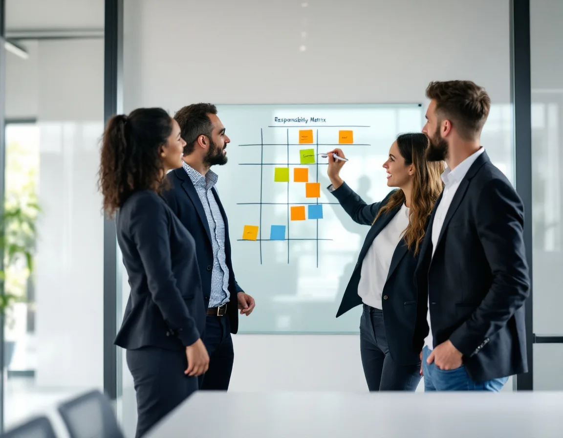 Internal IT lead and Uprite consultants mapping a co-managed IT responsibility matrix on a whiteboard in San Antonio