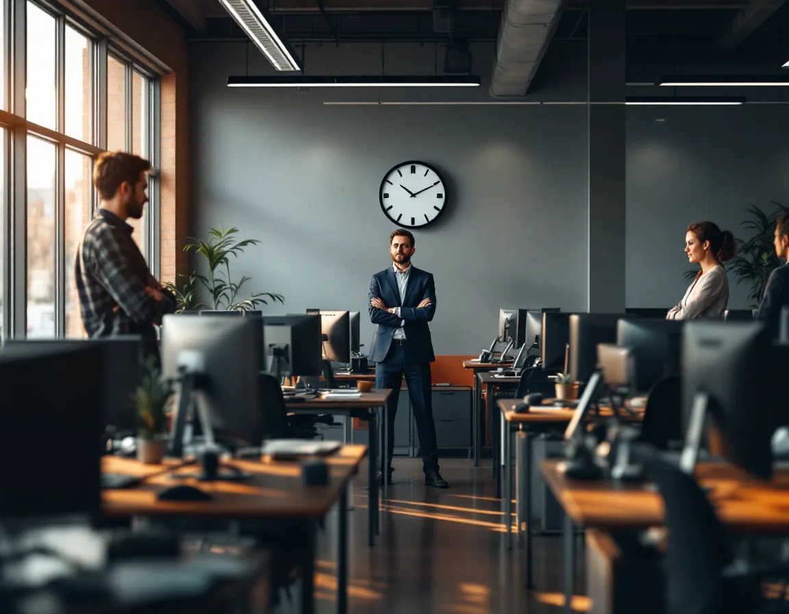 Employees standing idle beside dark monitors during an IT outage at a small business office