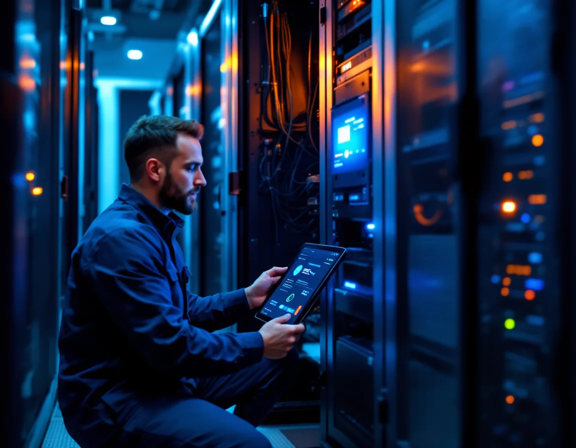IT engineer running a data restore test from a backup appliance in a Texas business server room, checking restore progress on a tablet