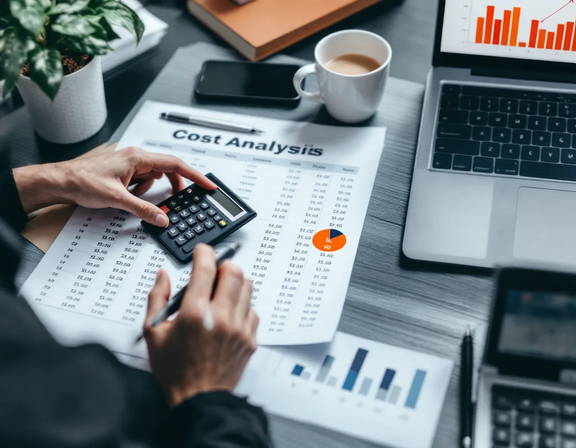Business owner calculating hourly downtime cost with a spreadsheet, calculator and laptop chart