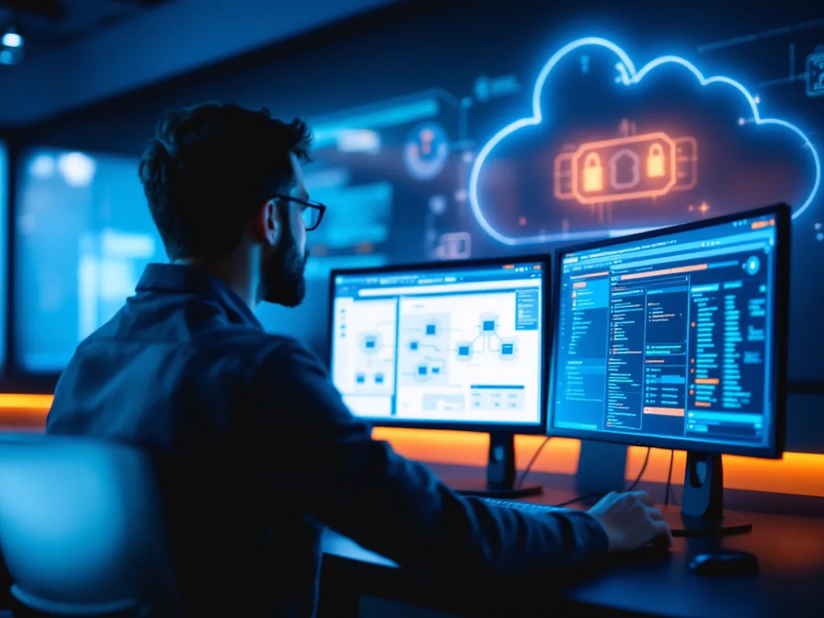 An IT engineer configuring a segmented encrypted CUI enclave on dual monitors in a secure operations room
