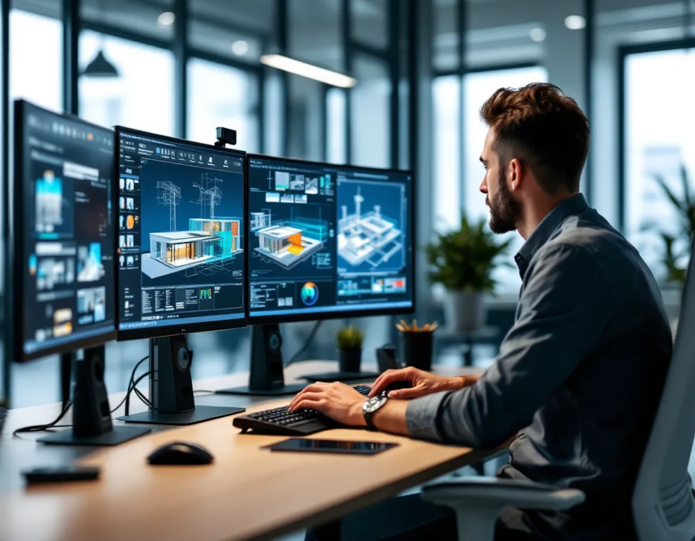 Engineer working at a high-performance multi-monitor CAD and BIM workstation showing a 3D building model