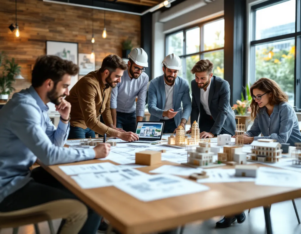 Architects and engineers reviewing construction drawings and cloud project collaboration software around a studio table