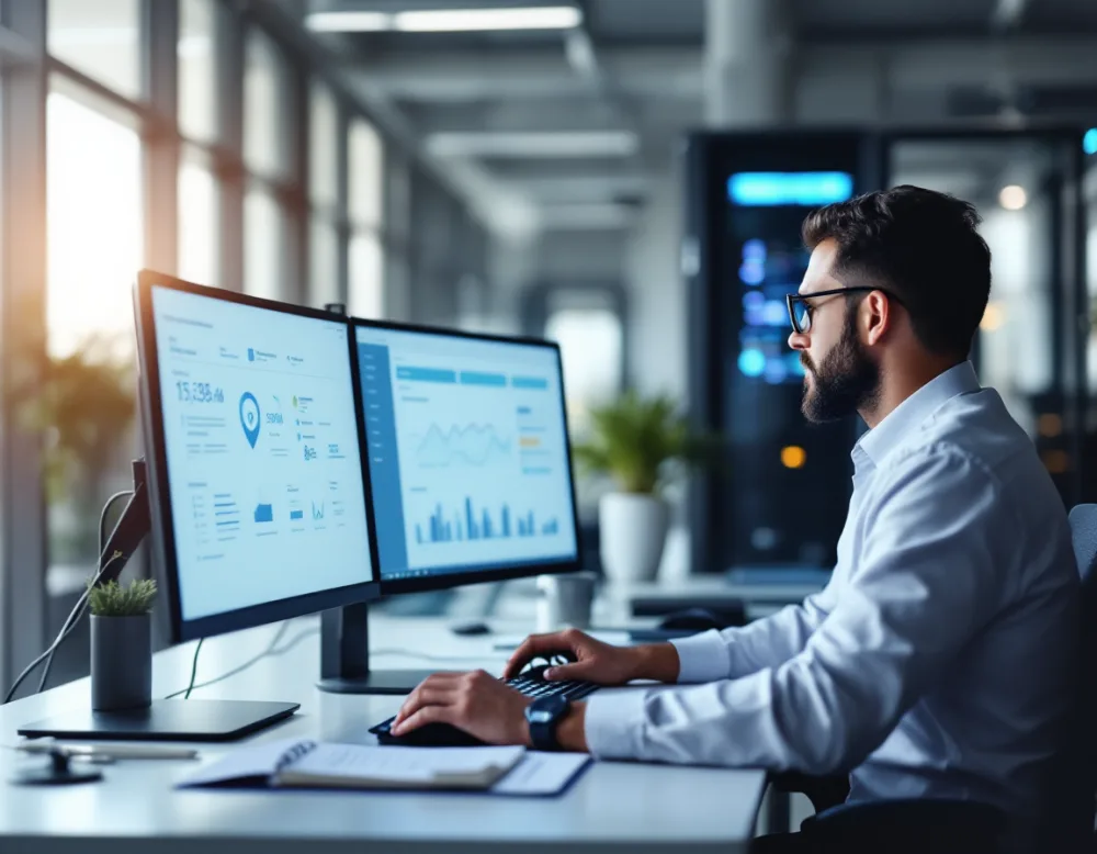 IT security professional reviewing a data protection and compliance dashboard at an architecture and engineering firm