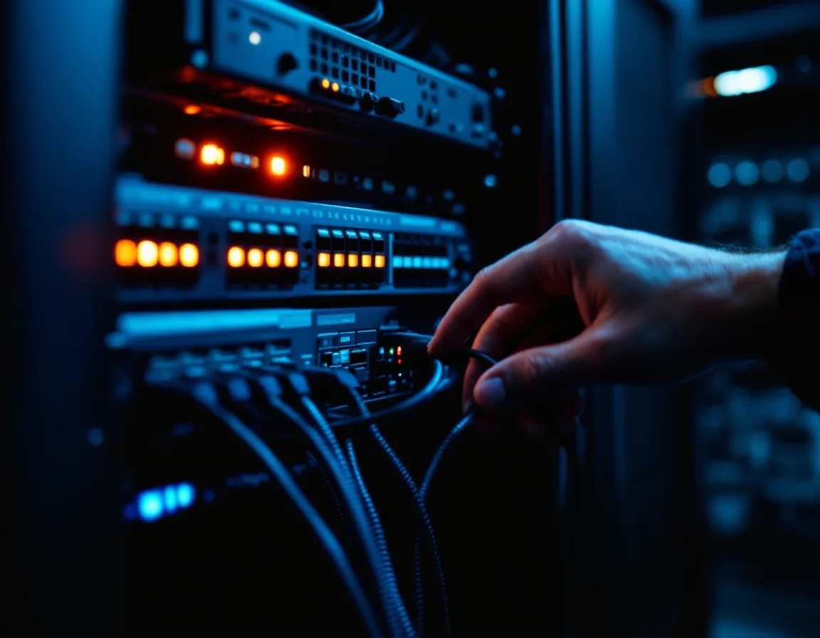 Technician diagnosing a failed network switch showing amber alert lights in a small business server closet