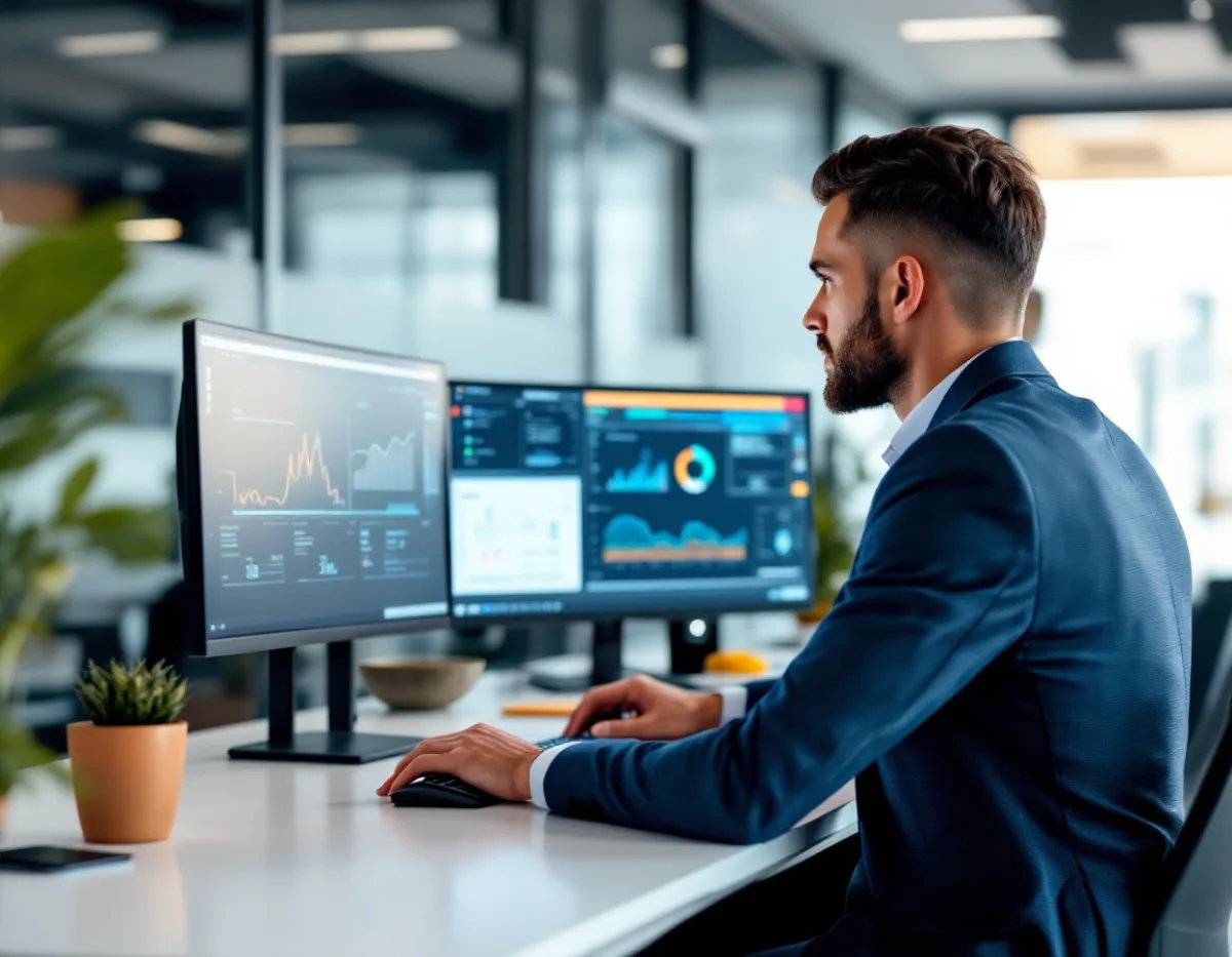 Compliance officer at a Dallas financial firm reviewing access control and audit trail dashboards on dual monitors