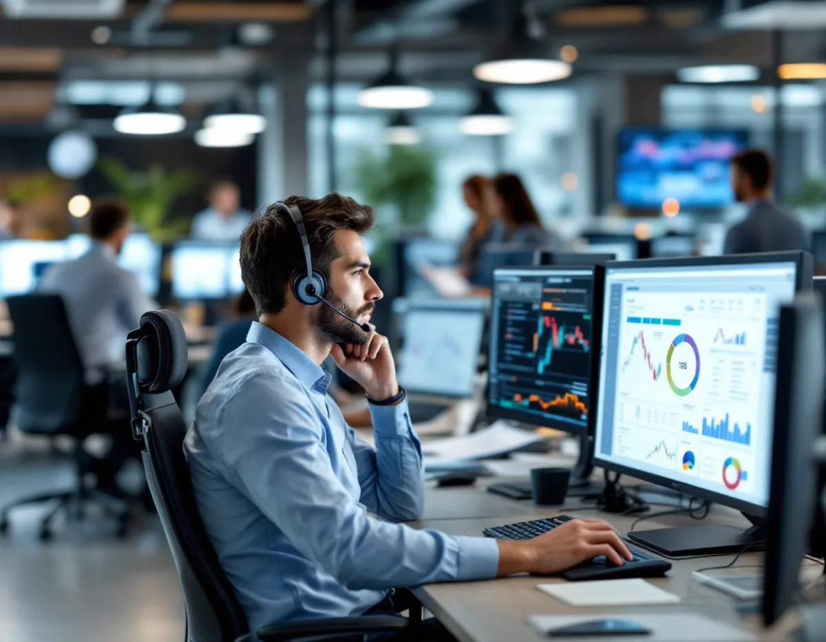 Financial advisors working through quarter-end at a Dallas wealth management firm with portfolio management dashboards on screen