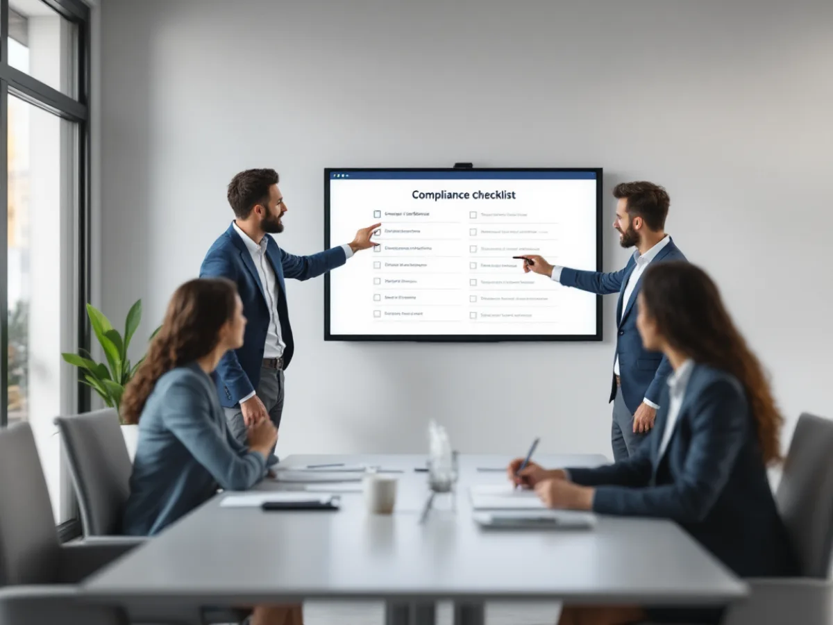 A business team working through a structured FTC Safeguards Rule compliance checklist on a wall display and printed handouts in a modern office meeting room