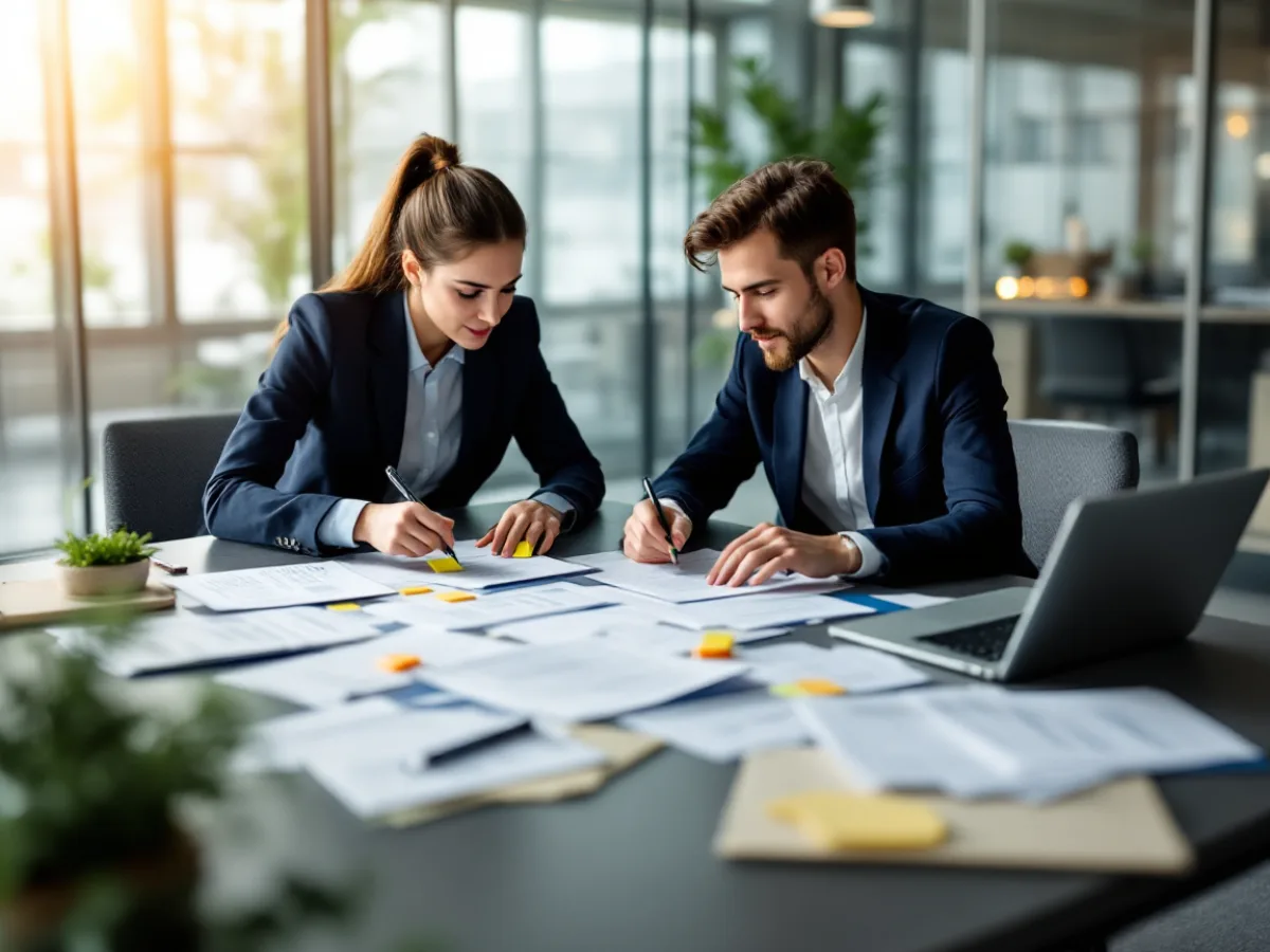 Two professionals conducting an FTC Safeguards Rule documentation gap review, spreading printed policy documents and procedure folders across an office table
