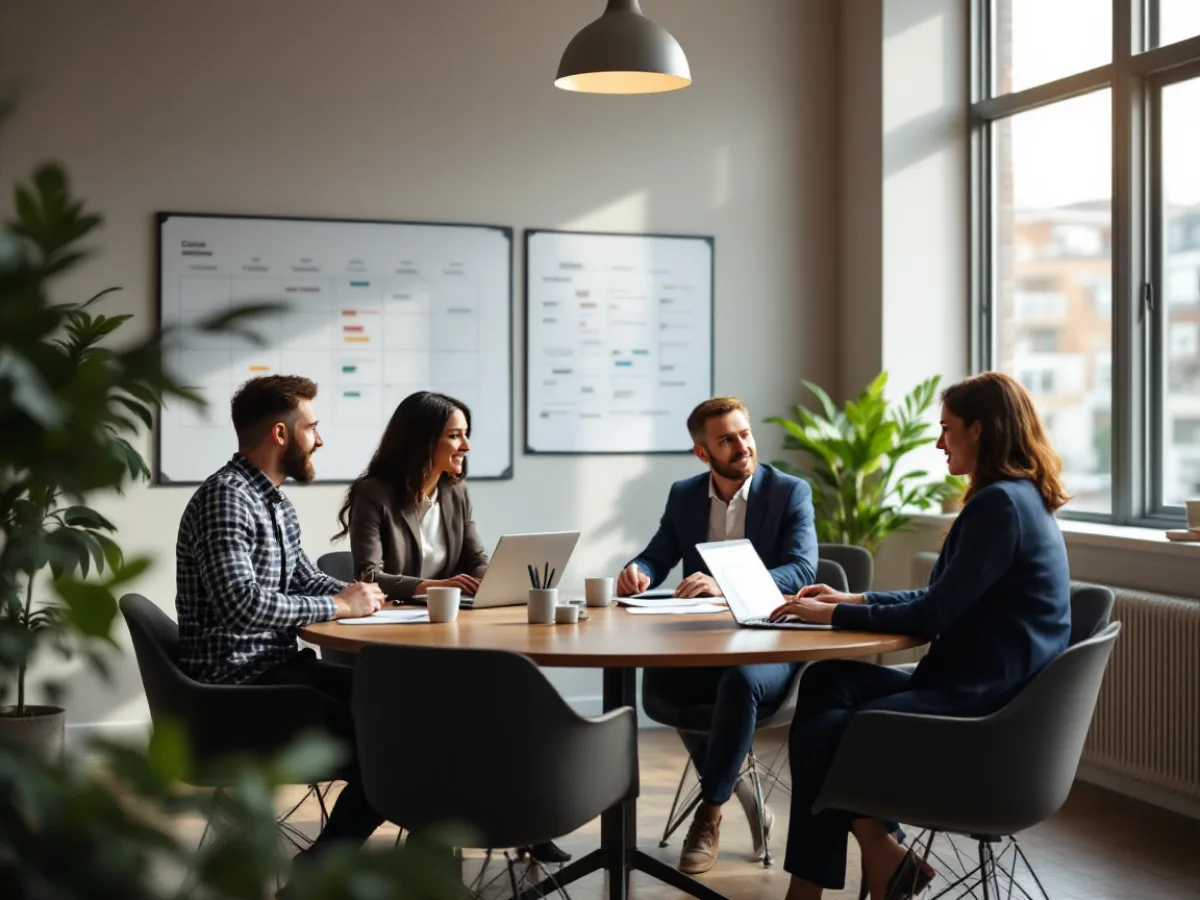 A leadership team in a recurring quarterly compliance governance review meeting with a planning board and printed reports in a modern office