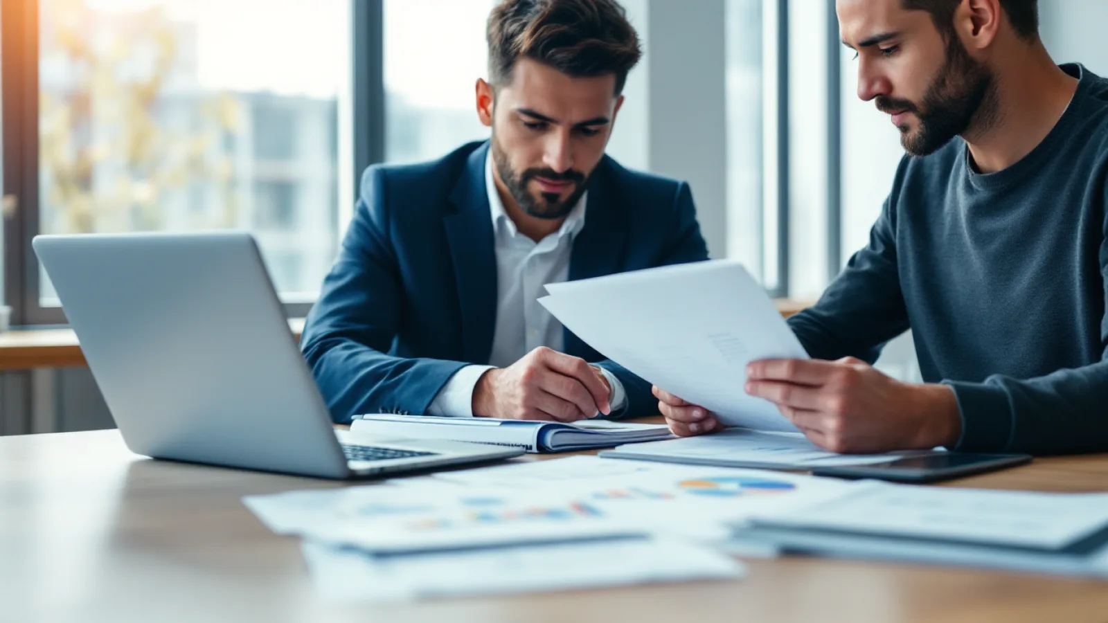 A compliance officer and an IT security consultant reviewing an information security policy binder and a compliance dashboard during an FTC Safeguards Rule review