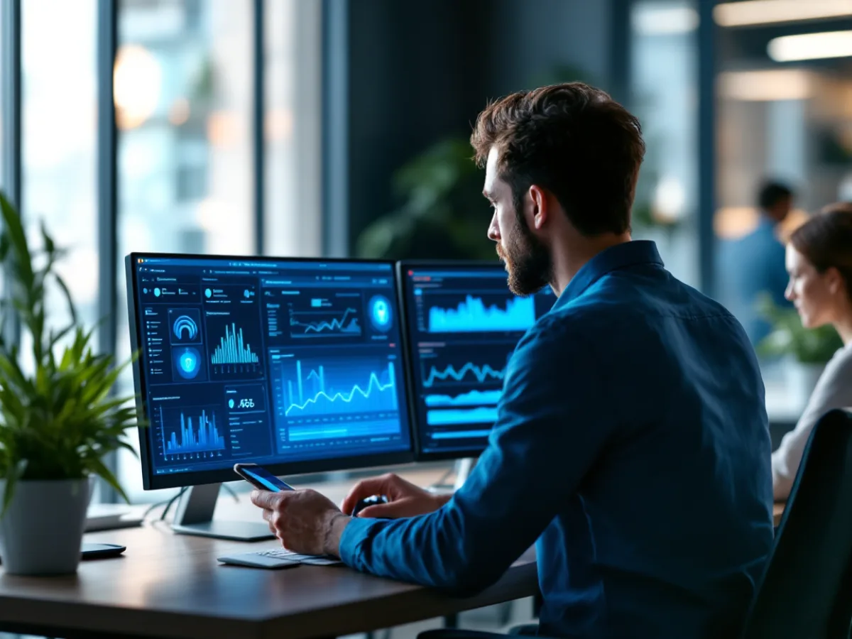 An IT security engineer and a client staff member configuring multi-factor authentication and reviewing security dashboards together at a desk