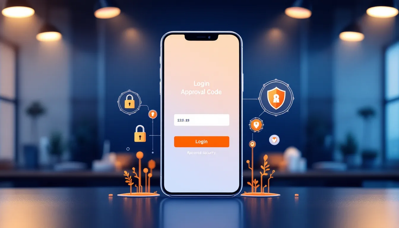 Two factor authentication concept with a smartphone showing a login approval code and shield