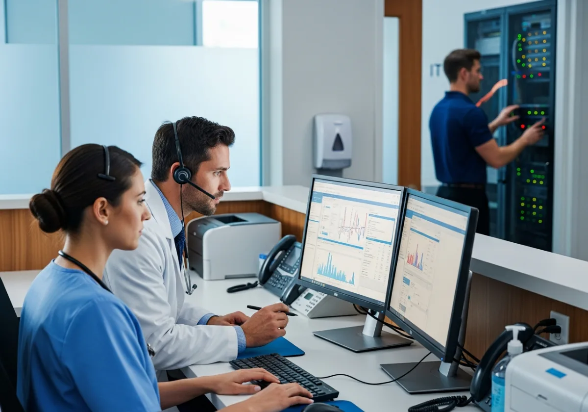 Clinical staff using an EHR system at a San Antonio medical practice while an IT engineer checks the network rack
