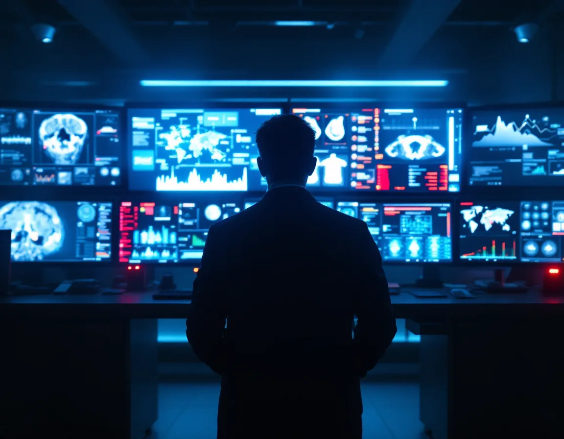 Security analyst investigating a healthcare data breach at night in a hospital IT operations center