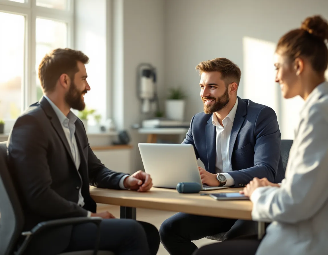 Managed IT professionals meeting with a medical practice manager to review HIPAA compliance and technology needs