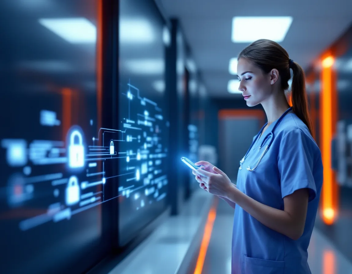 Nurse using multi-factor authentication on a clinical workstation, reflecting proposed mandatory MFA and encryption requirements