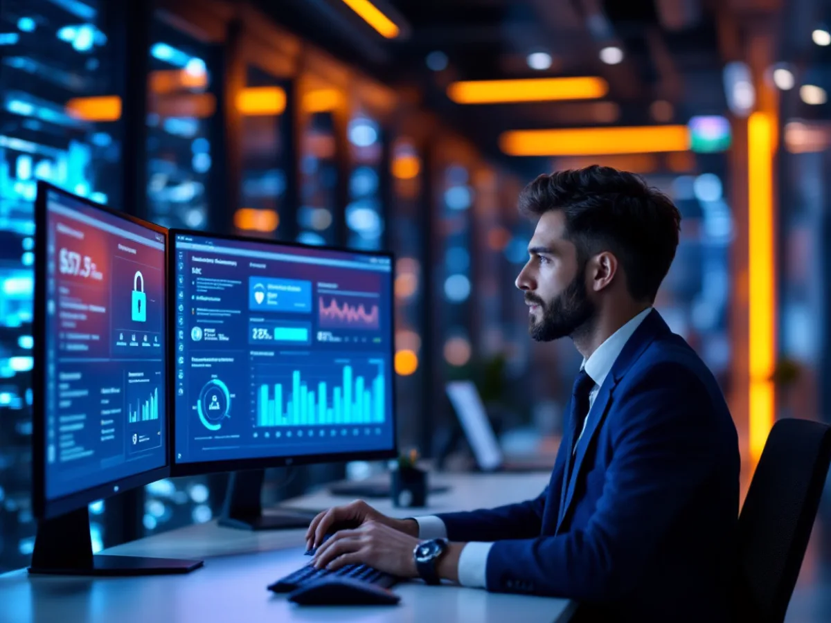 Healthcare IT professional reviewing a HIPAA security risk analysis on dual monitors