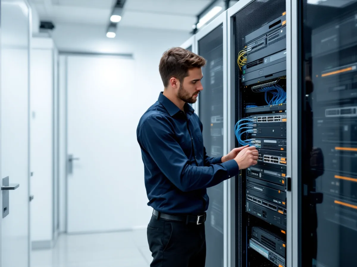 IT technician organizing and labeling structured network cabling on a patch panel in a Houston business server room