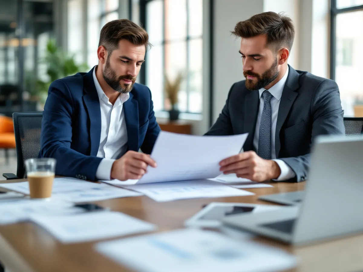 Houston business owner and an IT consultant reviewing a network support service agreement and network diagram at a conference table