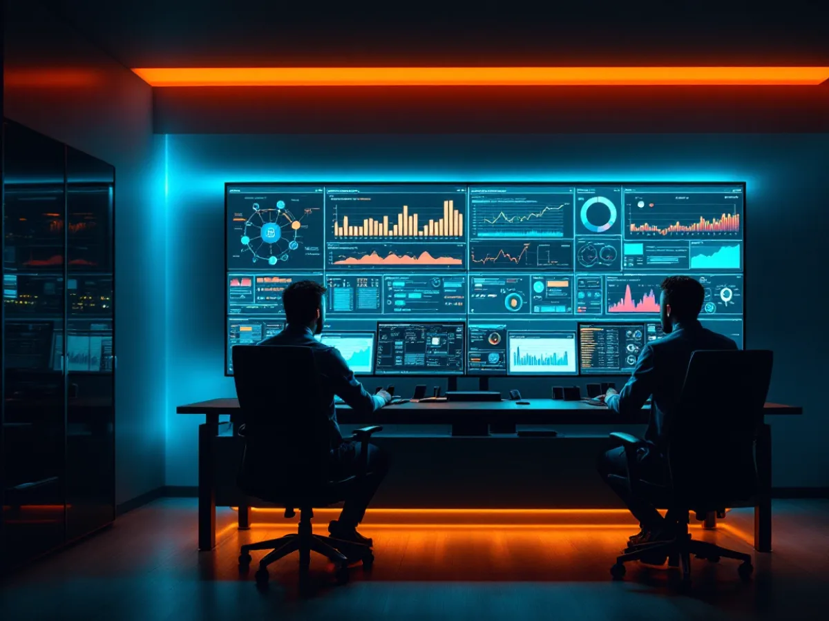 Two IT analysts monitoring live network performance and security dashboards in a 24/7 network operations center