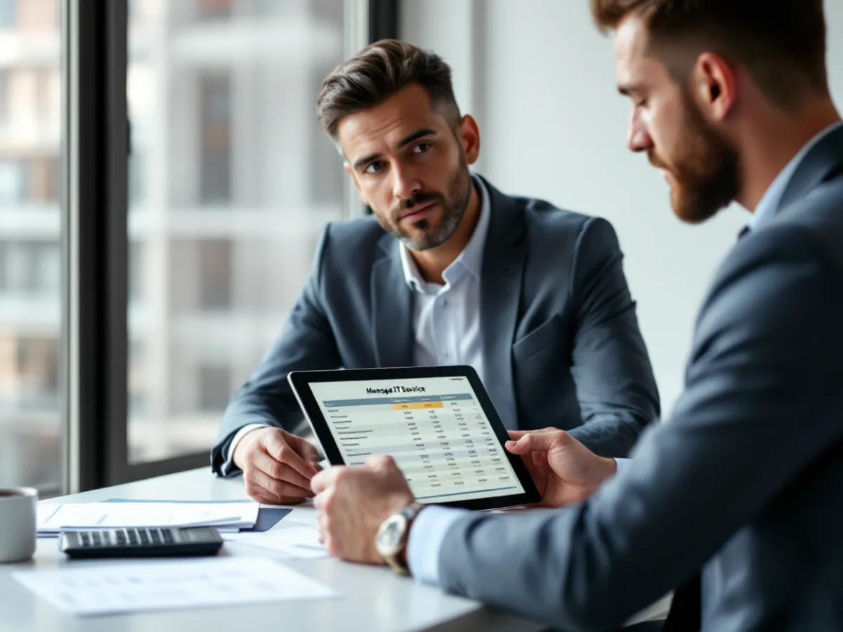 A business owner and advisor comparing managed IT service pricing tiers and a budget on a tablet