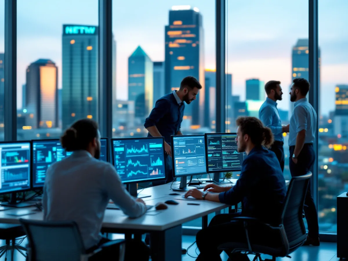 A local Houston managed IT services team collaborating in a modern office with the city skyline in the background