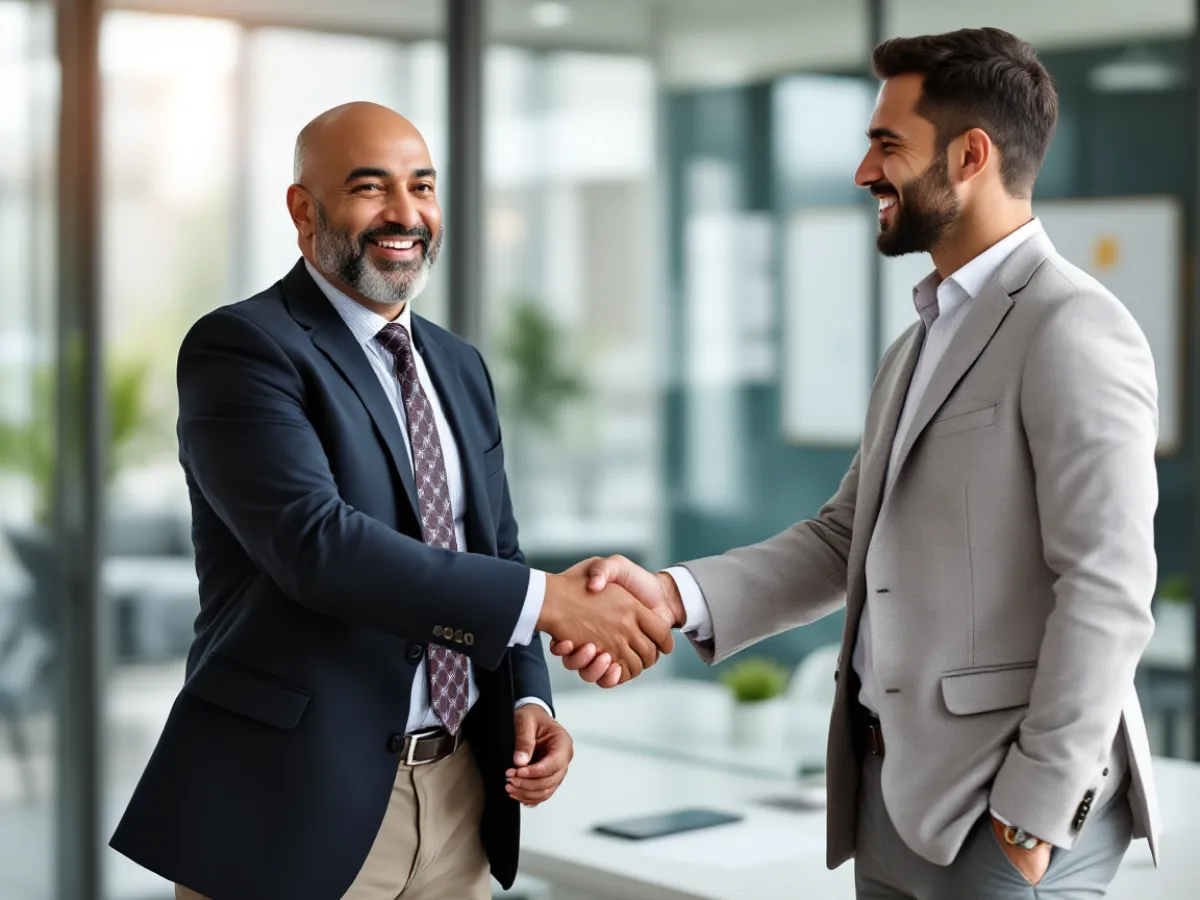 A business owner and an IT services partner shaking hands in a Houston office after reaching an agreement