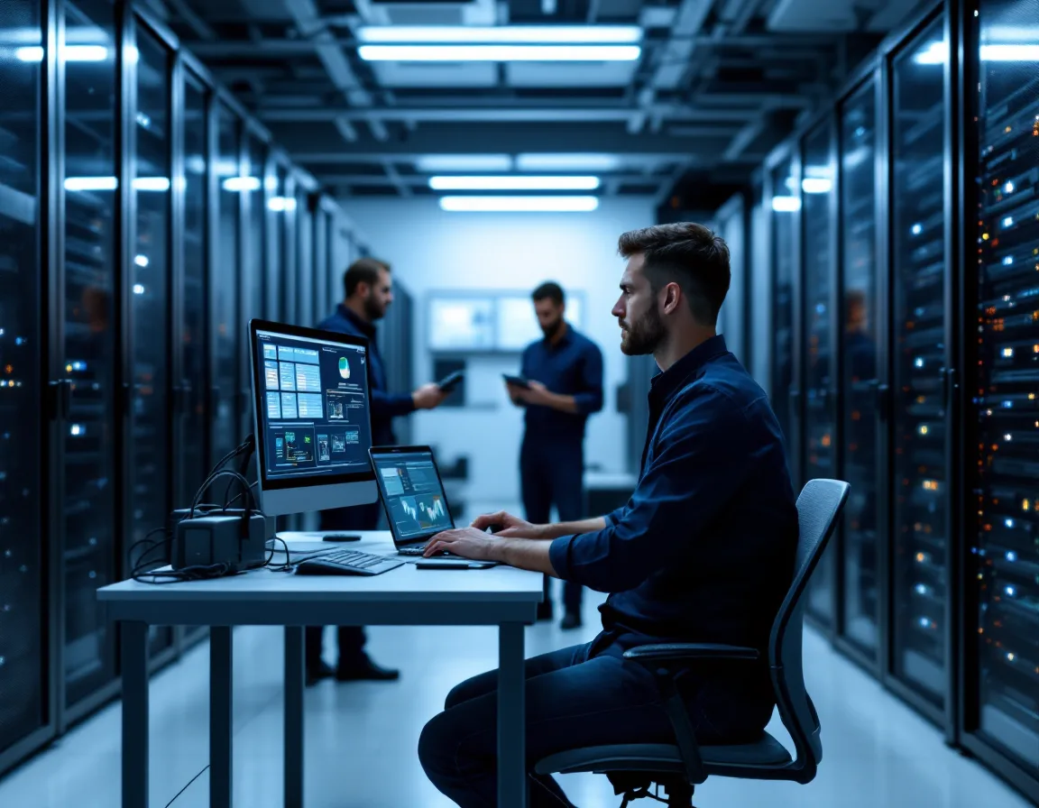 IT engineer running a network discovery audit during MSP onboarding in a server room