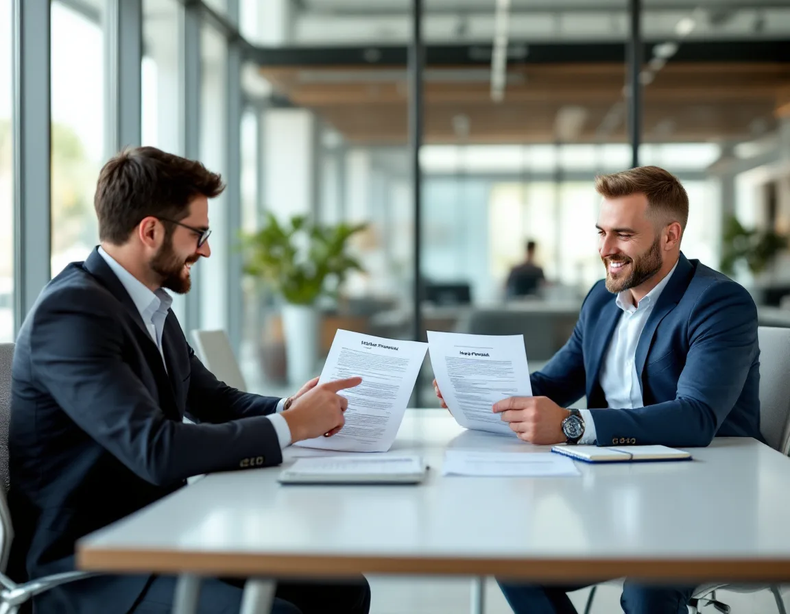 Two executives comparing MSP proposals side by side against an evaluation scorecard