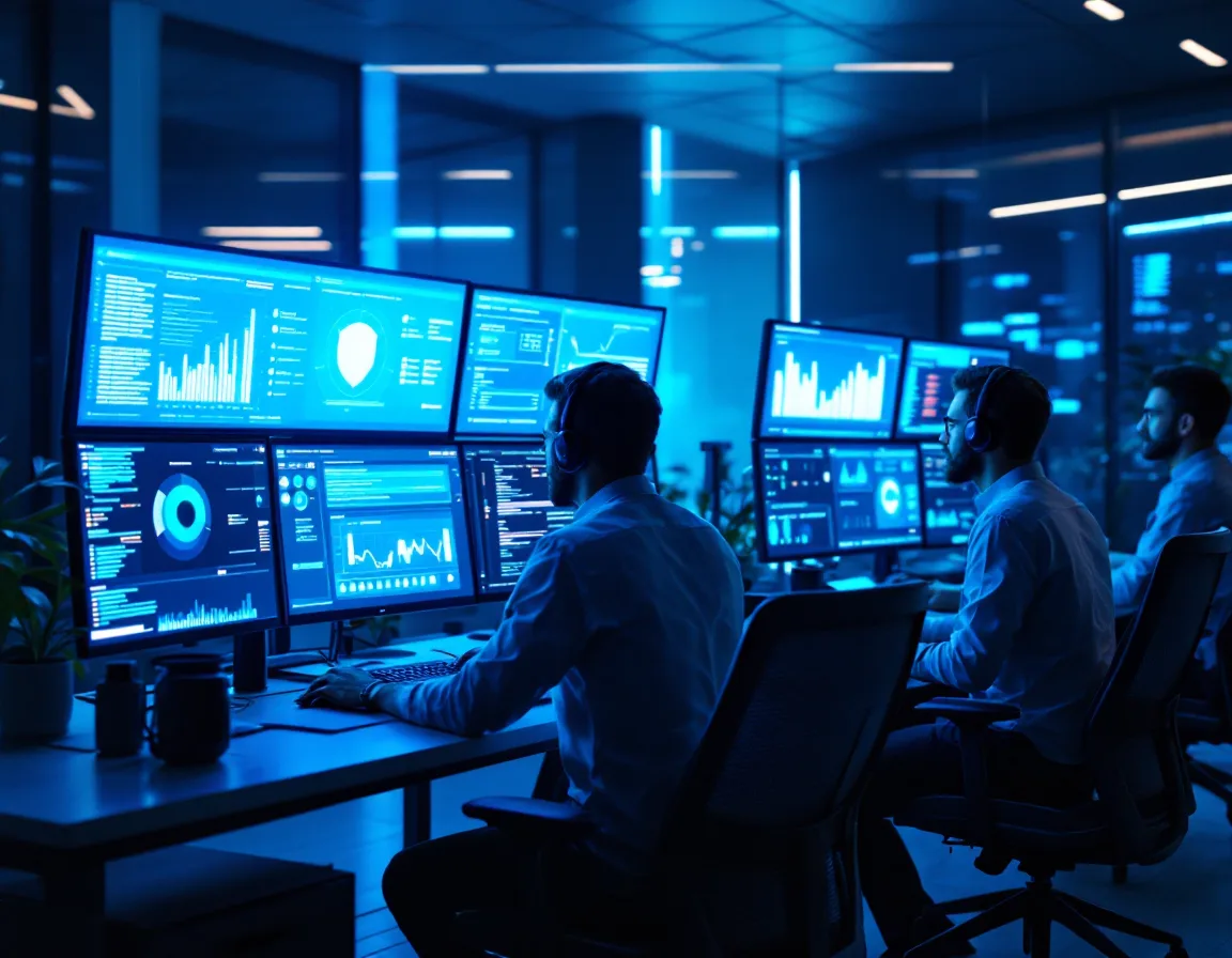 Security analysts monitoring endpoint detection and threat dashboards in a managed SOC