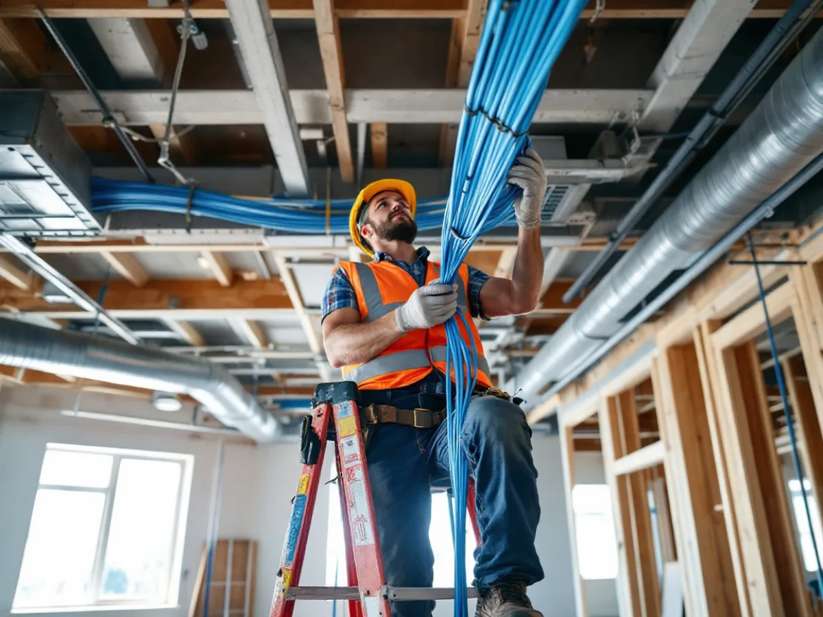 Low voltage technician on a ladder pulling bundled ethernet cable through an open ceiling grid in an unfinished Dallas office suite