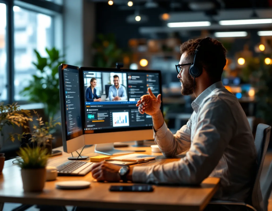 An internal IT staffer collaborating with a remote managed services team on a video call, illustrating co-managed IT