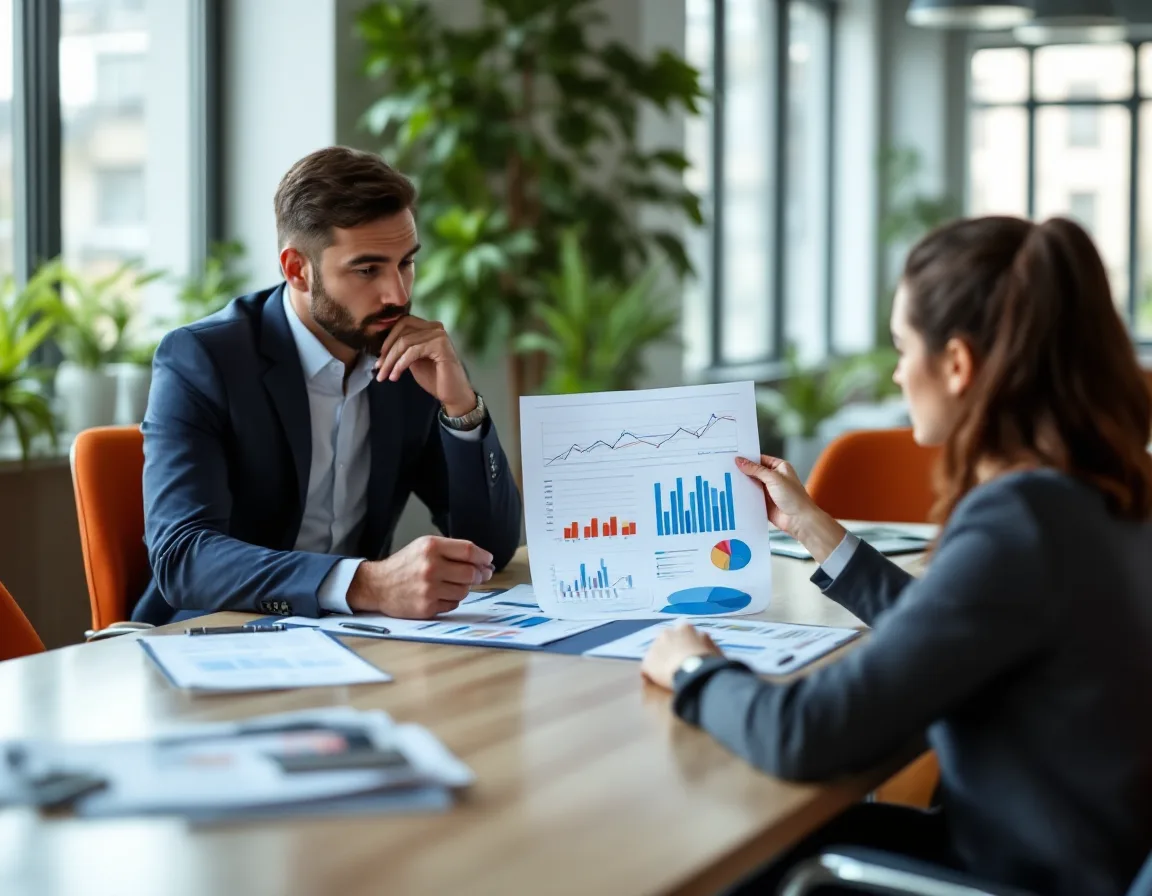 A business owner and finance manager reviewing IT cost spreadsheets to compare in-house and managed IT by company size